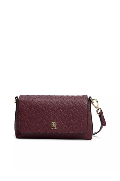 Women's Embossed Logo Patterned Magnetic Closure Detachable Cross Strap Burgundy Shoulder Bag