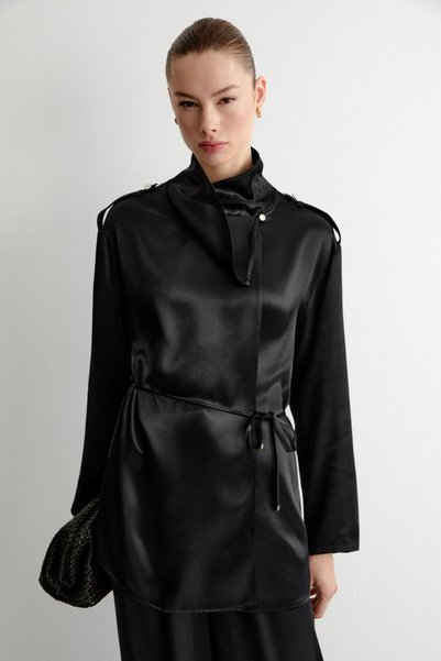Opales Women's Black Blouse with Shoulder Pads and Belt Detail, Double-Breasted Closure