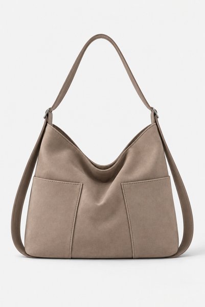 Mink Suede Women's Hobo Shoulder Bag with Double Front Pockets and Adjustable Strap