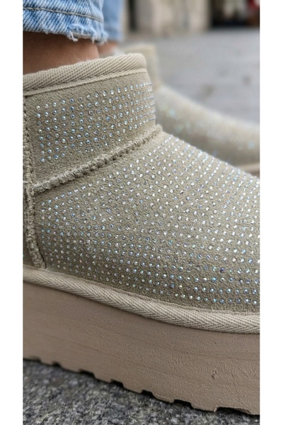 Women's Stoned Beige High Sole Ultra Mini Suede Boots with Fur Inside 4.5cm Byndum02
