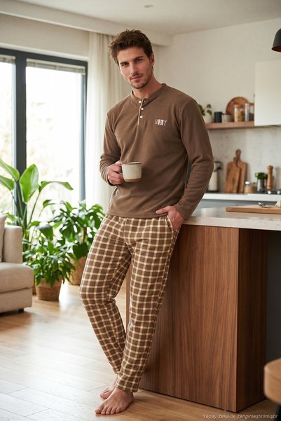 Checkered Buttoned Collar Soft Textured Fleece Pajama Set Men's Pajama Set 6097023