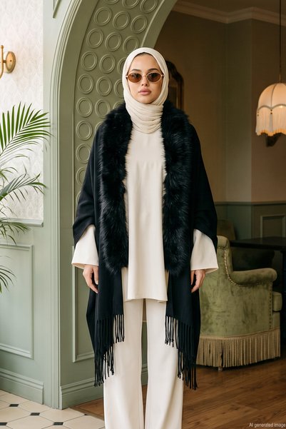Women's Fur Detailed Poncho 18 Black