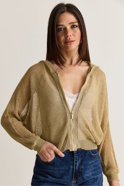Women's Gold Zippered Glittery Bat Sleeve Hooded Mercerized Cardigan 2875 60286604