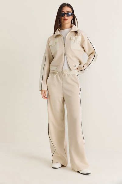 Women's Beige Pocket Detailed Stand Collar Zippered Ribbed Jacket Wide Leg Pants Tracksuit Set 4221 60286662
