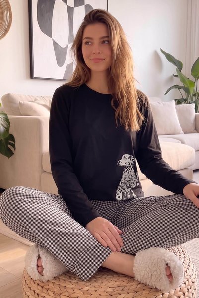 Black Dalmatian Patterned Cotton Refined Women's Pajama Set