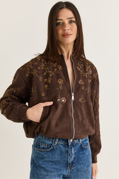 Women's Bitter Coffee Floral Embroidered Bead and Sequin Detailed Pocketed Zippered Suede Bomber Jacket 5015 60286664