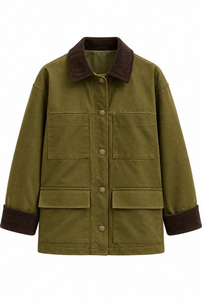 Khaki Collar and Cuff Velvet Detailed Coat - 9754