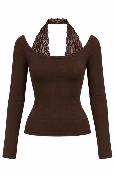 Brown Halter Neck Lace Blouse - 2Y261017