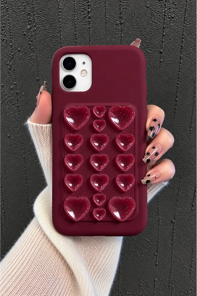 iPhone 11 Compatible Premium Self-Vacuuming Velvet 3D Glitter Heart Pattern Soft Silicone Phone Case - Burgundy