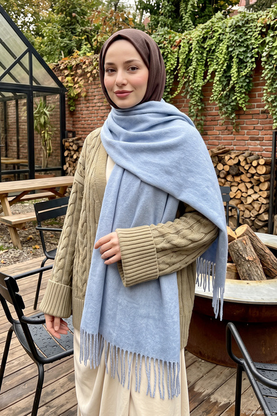 Women's Soft Textured Tassel Detail 200X70Cm Scarf Shoulder Shawl 1333 Baby Blue