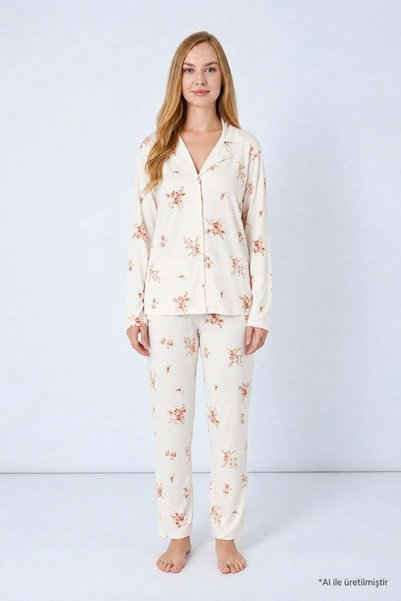 Cream Floral Pattern Soft Textured Shirt Collar Buttoned Long Sleeve Women's Pajama Set