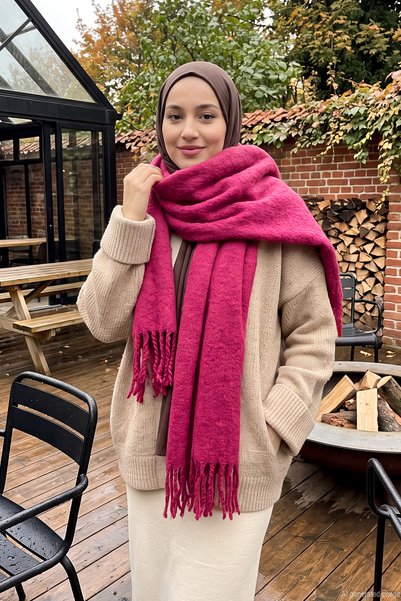 Women's Soft Textured Tassel Detail 200X70Cm Scarf Shoulder Shawl 1333 Fuchsia