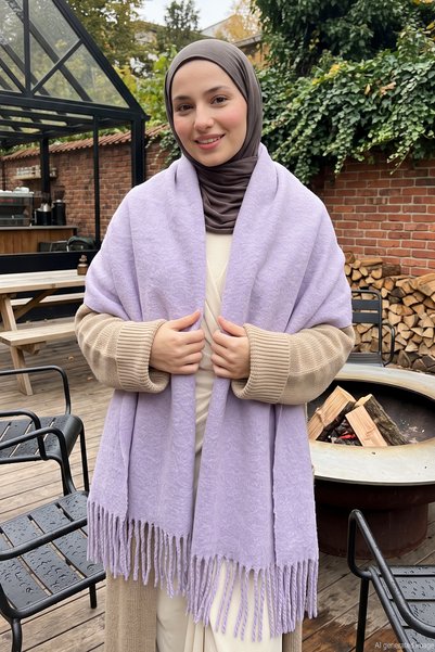 Women's Soft Textured Tassel Detail 200X70Cm Scarf Shoulder Shawl 1333 Lilac