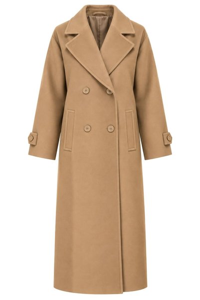 Camel Double-Breasted Collared Cashmere Coat - 9678