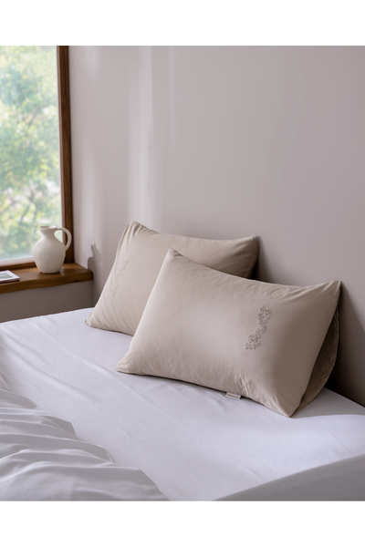 Aveline 2-Pack 100% Cotton Embroidered Pillowcases - Beige