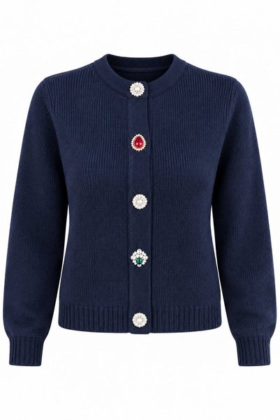 Navy Blue Gemstone Buttoned Cardigan - 261083