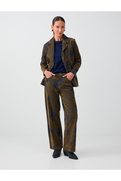 Khaki Pocket Detailed Flocked Printed Denim Trousers