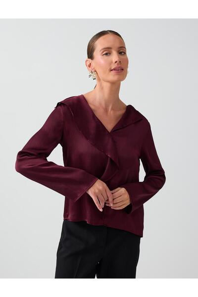 Burgundy Ruffle Detailed V-Neck Long Sleeve Chiffon Blouse