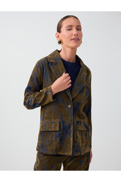 Khaki Pocket Detailed Shirt Collar Flocked Printed Denim Jacket