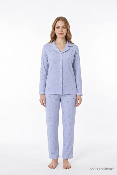 Blue Patterned Waffle Textured Shirt Collar Buttoned Long Sleeve Women's Pajama Set