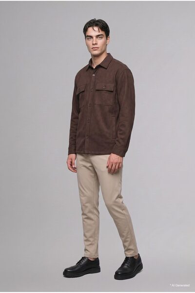 Regular Fit Polo Collar Suede Shirt Jacket with Pockets A5110Ax26Wn