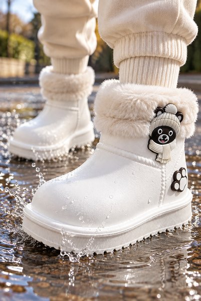 Children's Waterproof Rain Boots with Plush Detailing, Teddy Bear Figure, and Fur Inside