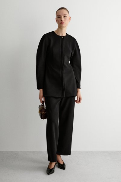 Sonnet Women's Crew Neck Long Sleeve Hidden Placket Wide Leg Black Top and Bottom Set