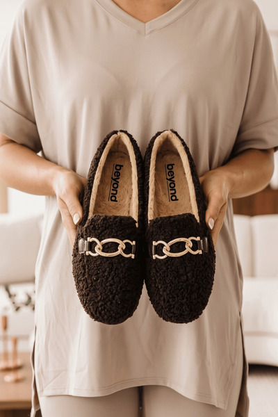 Women's Bitter Brown Gurva Chain Plush Home Slippers 1cm Byndshr01