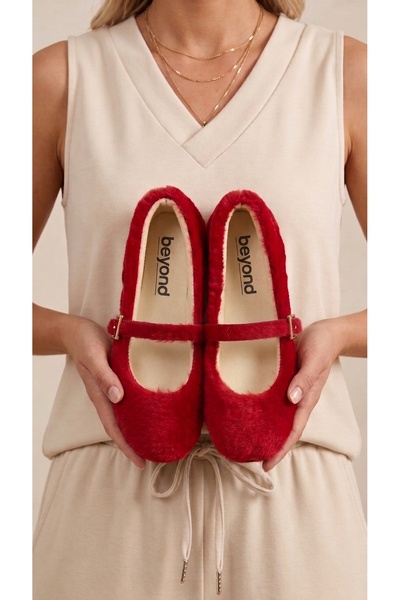 Women's Red Rabbit Fur Buckle Casual Ballerinas 1 cm Byndtav01
