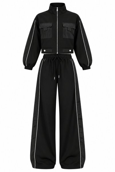 Black Parachute Fabric Suit with Pocket Detail - T4221