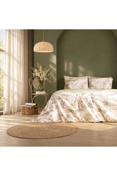 Soft Arden Digital Printed Cotton Satin Double Duvet Cover Set - Ecru / Green