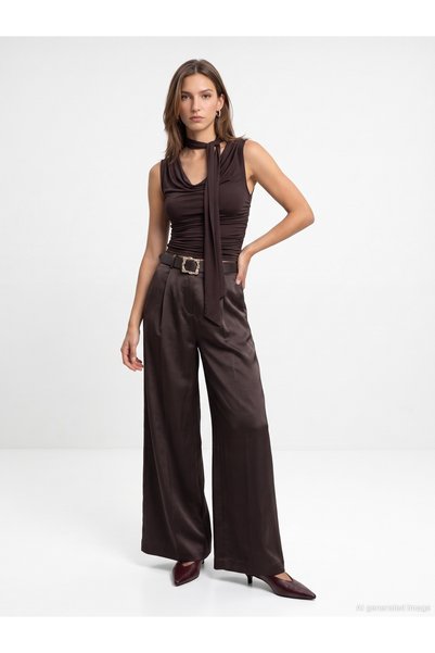 72833 Belted Satin Look Wide Leg Trousers