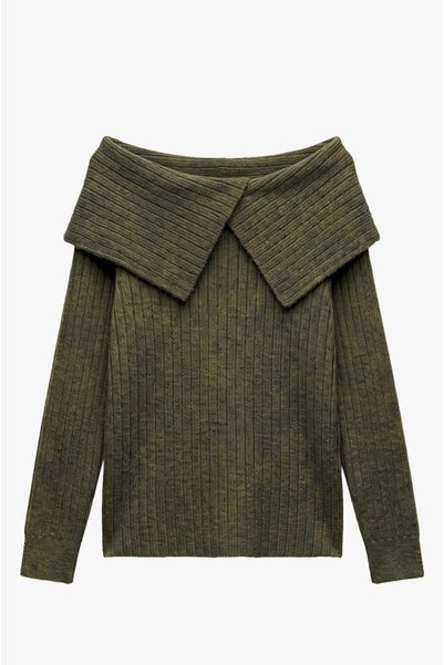 Khaki Slit Collar Madonna Sweater