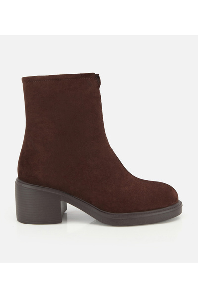 Women's Suede Leather Brown Stitched Detailed Heeled Boots