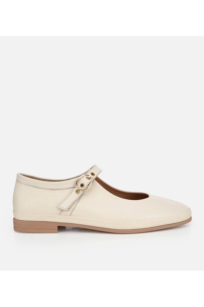 Women's Leather Ecru Single Strap Mary Jane Ballerinas