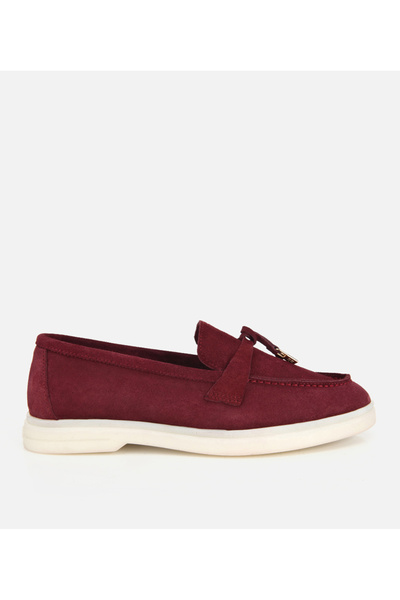 Women's Suede Leather Burgundy Casual Loafer with Accessory Detail