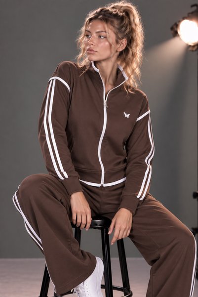 Brown Fabric No-Knee Stripe Detailed Zippered Soft Touch Tracksuit Set