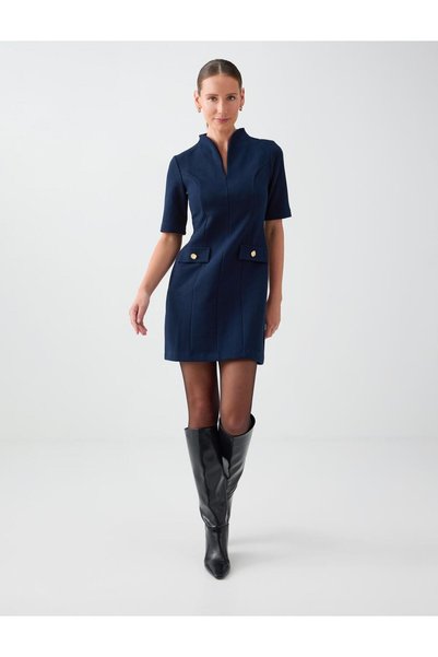 Navy Blue Pocket Detailed V-Neck Elbow Sleeve Short Dress