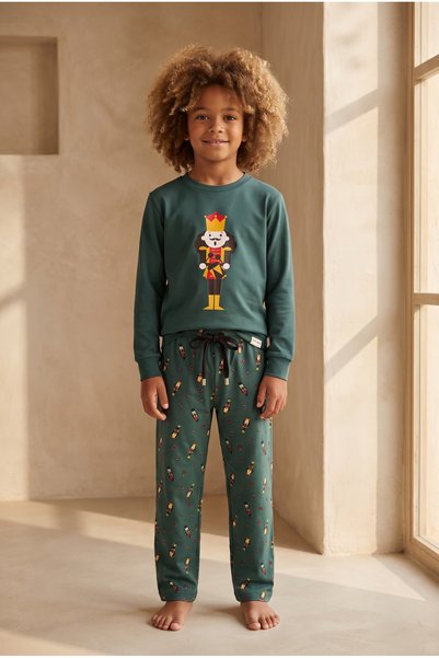 Boy's Dear Santa Lead Soldier Patterned Pajama Set Green