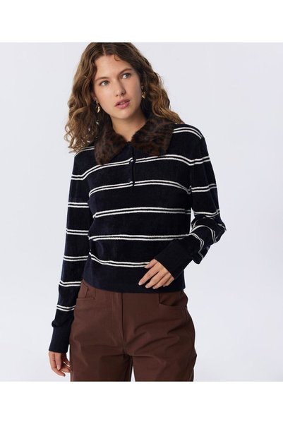 Striped Sweater with Faux Fur Collar