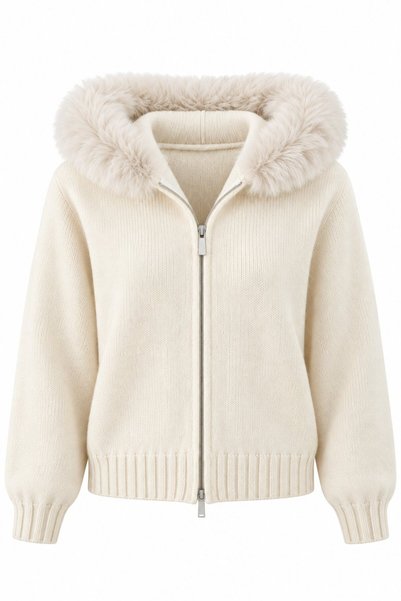 Cream Hooded Fur Cardigan - 251098
