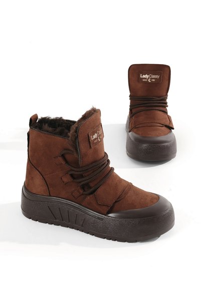 Women's Brown Fur-Lined Daily Lace-Up Boots