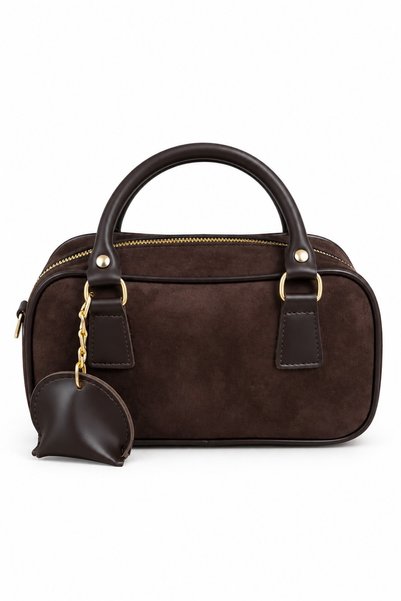 Brown Suede Shk207 Faux Leather Charm Detailed Zippered, Strap-On Hand, Arm and Shoulder Bag