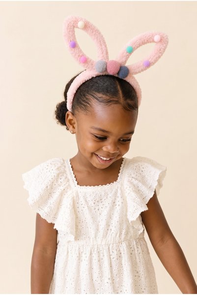 Girl's Rabbit Ear Pompom Plush Crown Dark Pink