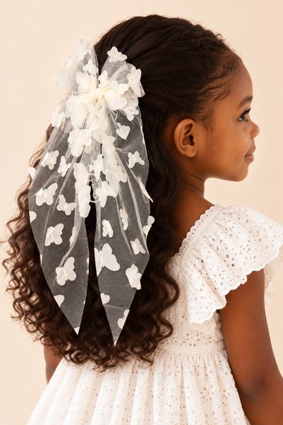 Tulle Bow Ruffle Clip Buckle White