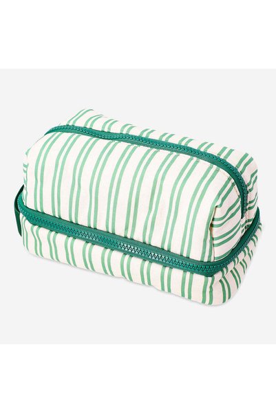 Green and White Striped Makeup Bag