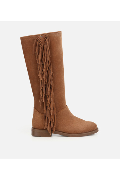 Women's Suede Leather Tan Tasseled/Fringed Flat Boots