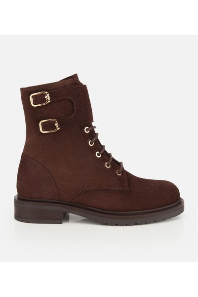 Women's Suede Leather Brown Flat Boots with Buckle Detail