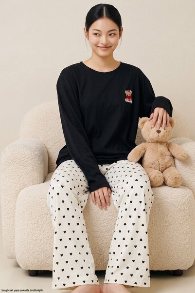 Ecru Black Heart Patterned Cotton Knitted Pajama Set 8094