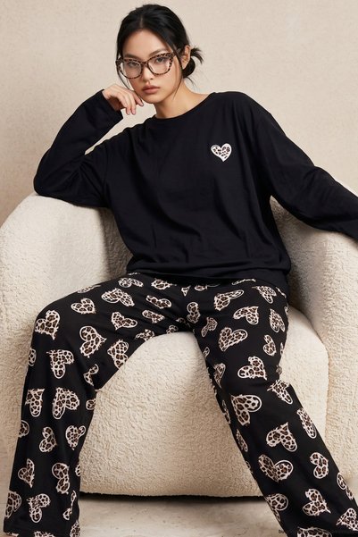 Black Leopard Patterned Cotton Knitted Pajama Set 8094